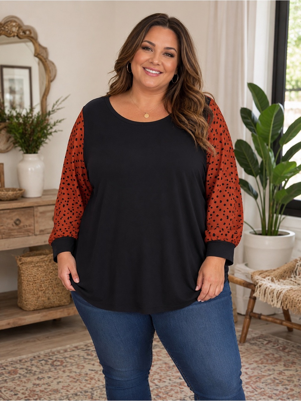 Avenue Black Rust Polka-Dot Balloon Sleeves Top Size 30/32